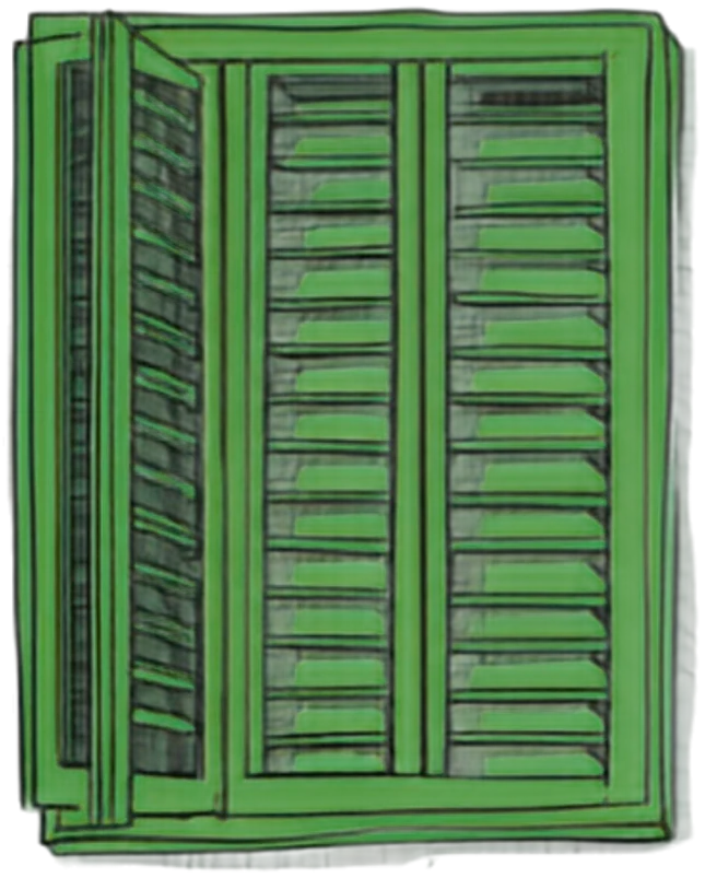 A green louvred Beirut shutter, swung open